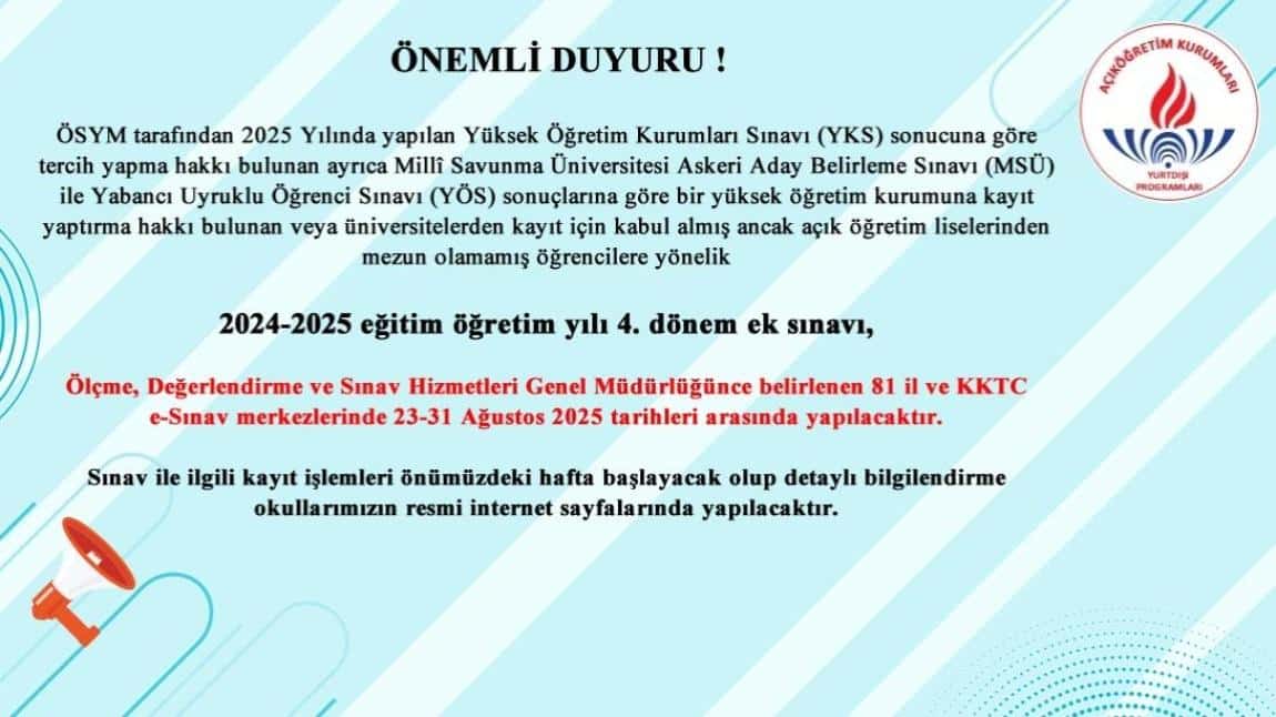 AÇIK LİSE 4. DÖNEM EK SINAVI